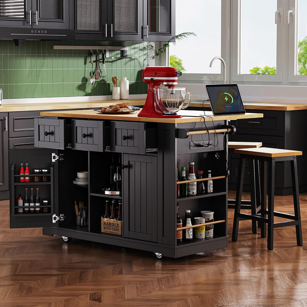 53" Kitchen Island with 2 Bar Stools, Large Rolling Kitchen Island on 5 ...