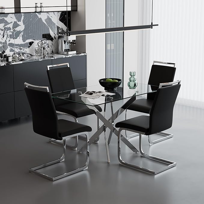 5 Piece Dining Table Table Set, Modern Tempered Glass Dining Table Set for 4 Kitchen Table Set with 4 Upholstered Chairs for Kitchen Dining Room (Sliver Table with Black Chairs)