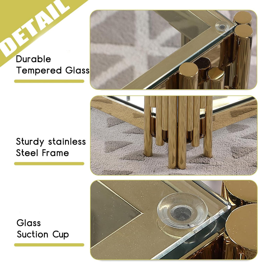 48-Inch Modern Rectangular Glass Coffee Table with Gold Stainless Steel Pipe ...