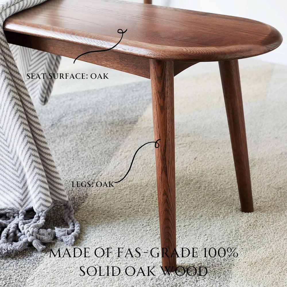 100% Solid Oak Indoor Dining Bench, Wood Bench for End of Bed with Safety Rou...