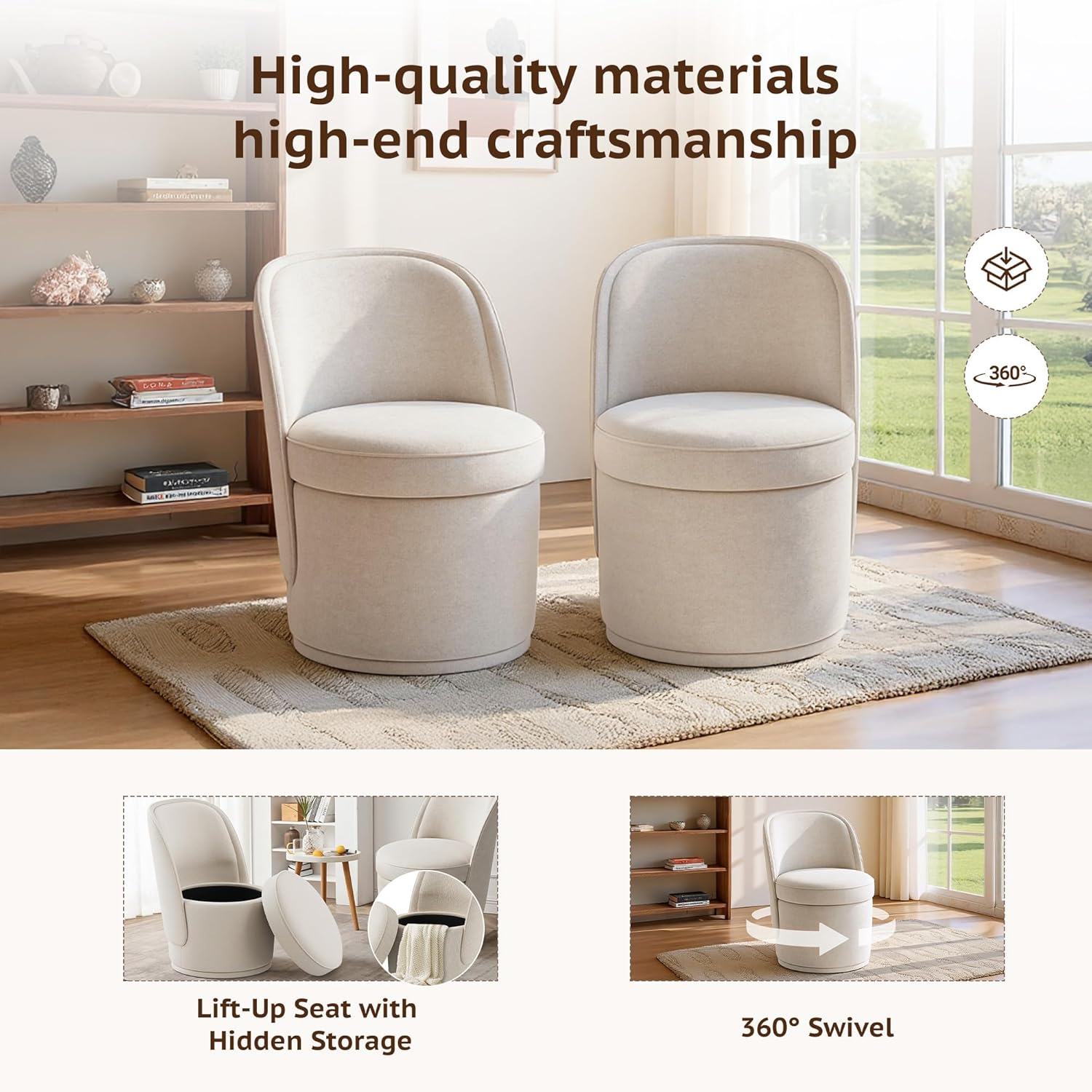 MALOL Swivel Accent Chair, 360° Swivel Chair with Hidden Storage, Modern Small Barrel Swivel Armchair for Living Room/Bedroom, Beige