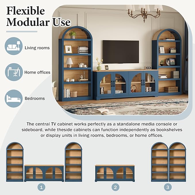 3-Piece Farmhouse TV Stand Set with Bookshelf for TVs Up to 70", Two-Tone Wood Grain Entertainment Center with Arched Design, Retro Sideboard with Tempered Glass Doors for Living Room (Blue+Natural)