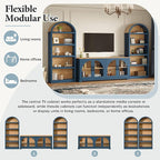 3-Piece Farmhouse TV Stand Set with Bookshelf for TVs Up to 70", Two-Tone Wood Grain Entertainment Center with Arched Design, Retro Sideboard with Tempered Glass Doors for Living Room (Blue+Natural)