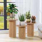 Bifins Round Nesting Coffee Table Set of 3,Mid Century Modern Fluted Coffee and End Table Set,Small Circle Wooden Side Table Drink Table for Living Room (Natural)