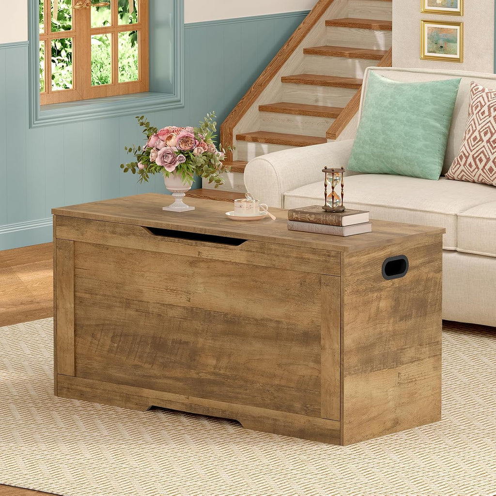 usikey 39.4” Storage Bench, Toy Box with 2 Safety Hinges, Lift Top Storage Chest, Toy Chest for Living Room, Bedroom, Entryway, Honey Brown