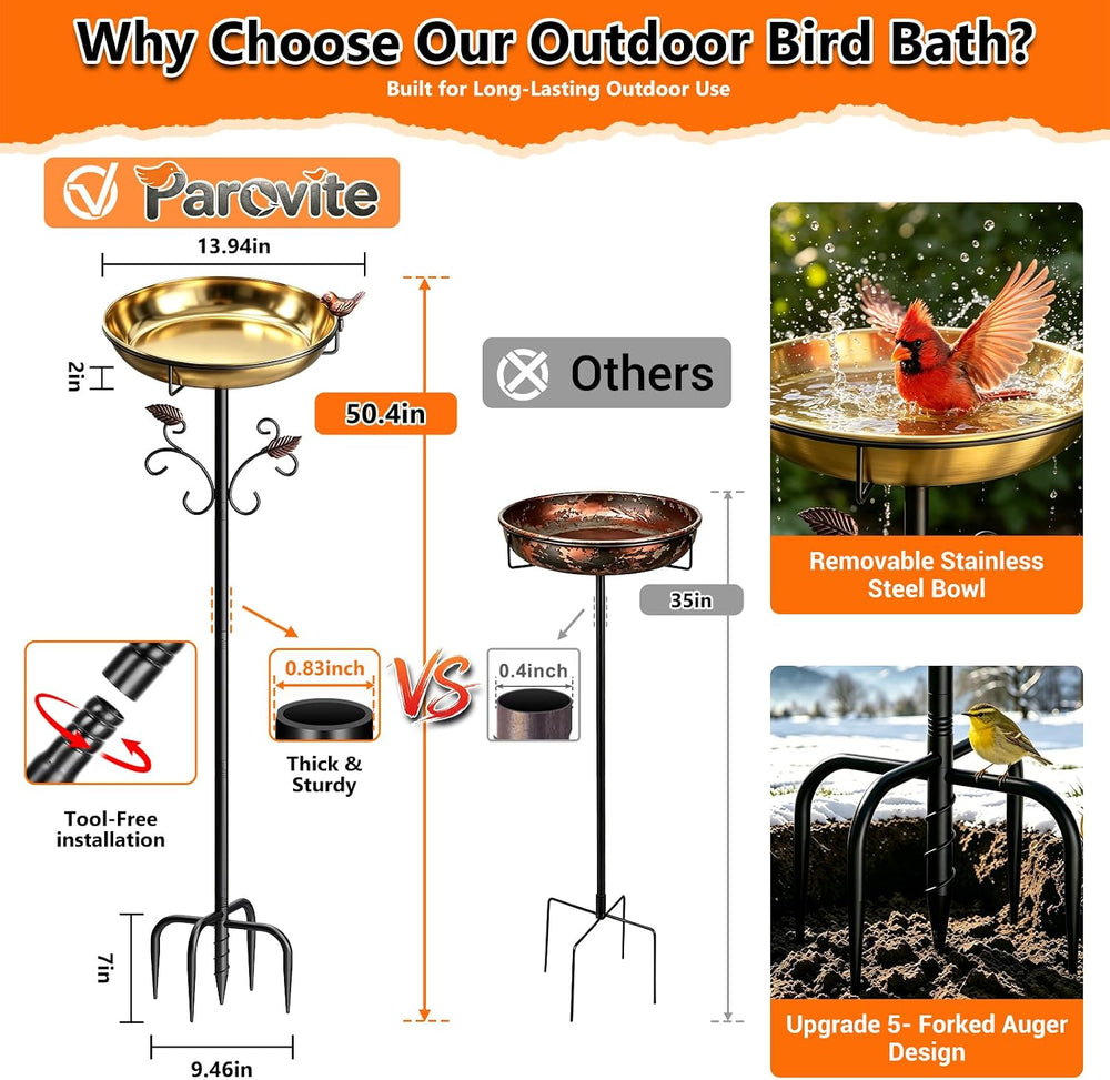 50" Tall Stainless Steel Bird Bath for Outside, Bird Water Feeder