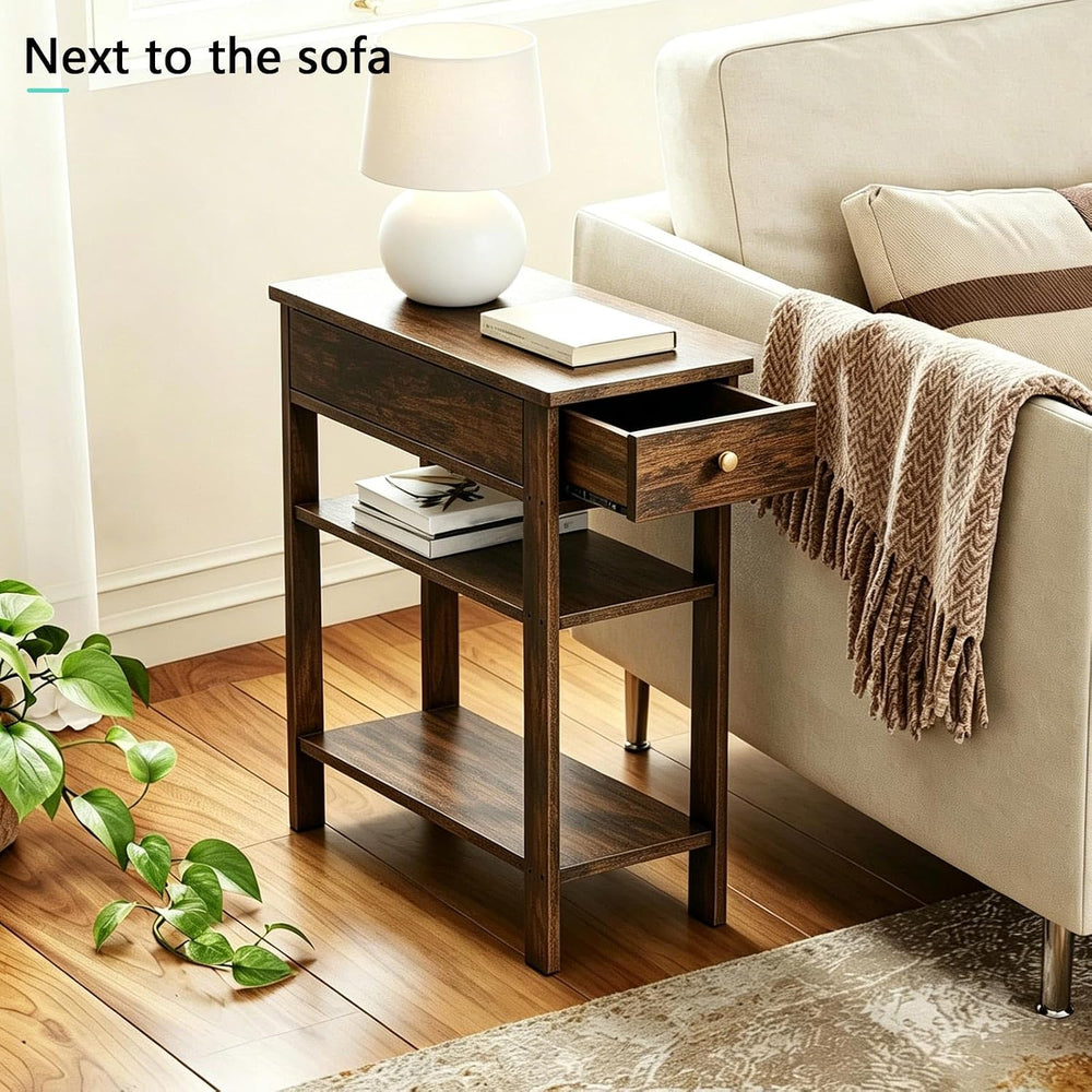 Solid Wood Narrow End Table with Drawer and 3-Tier Storage, Slim Nightstand f...