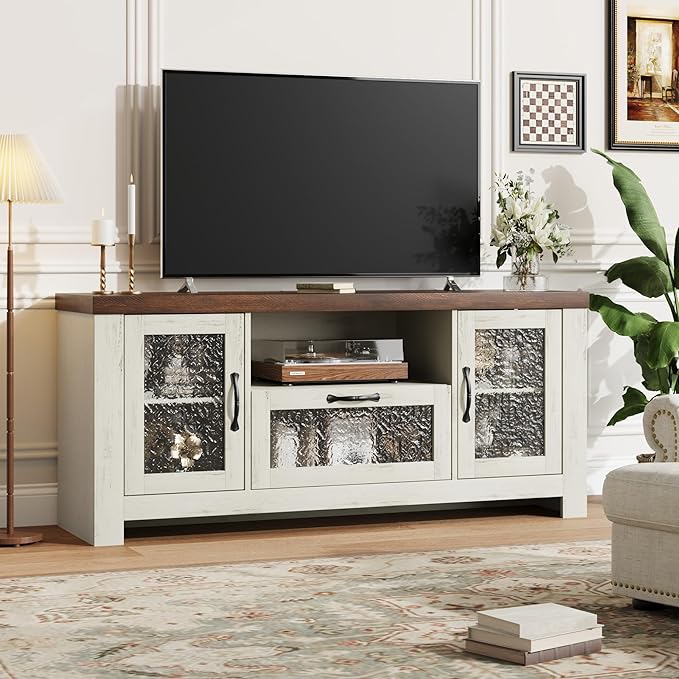 Garvee Farmhouse TV Stand for 55 Inch TV, Entertainment Center with Acrylic Door & Adjustable Shelves, Sideboard Buffet Storage Cabinet for Living Room Bedroom, White & Brown