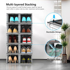 10 Pack Hard Sturdy Thickened Rigid XX Large Shoe Storage Organizer for Closet, Clear Stackable Sneaker Shoe Boxes Rack Containers Display Case Bins with Lids, Black Clear02