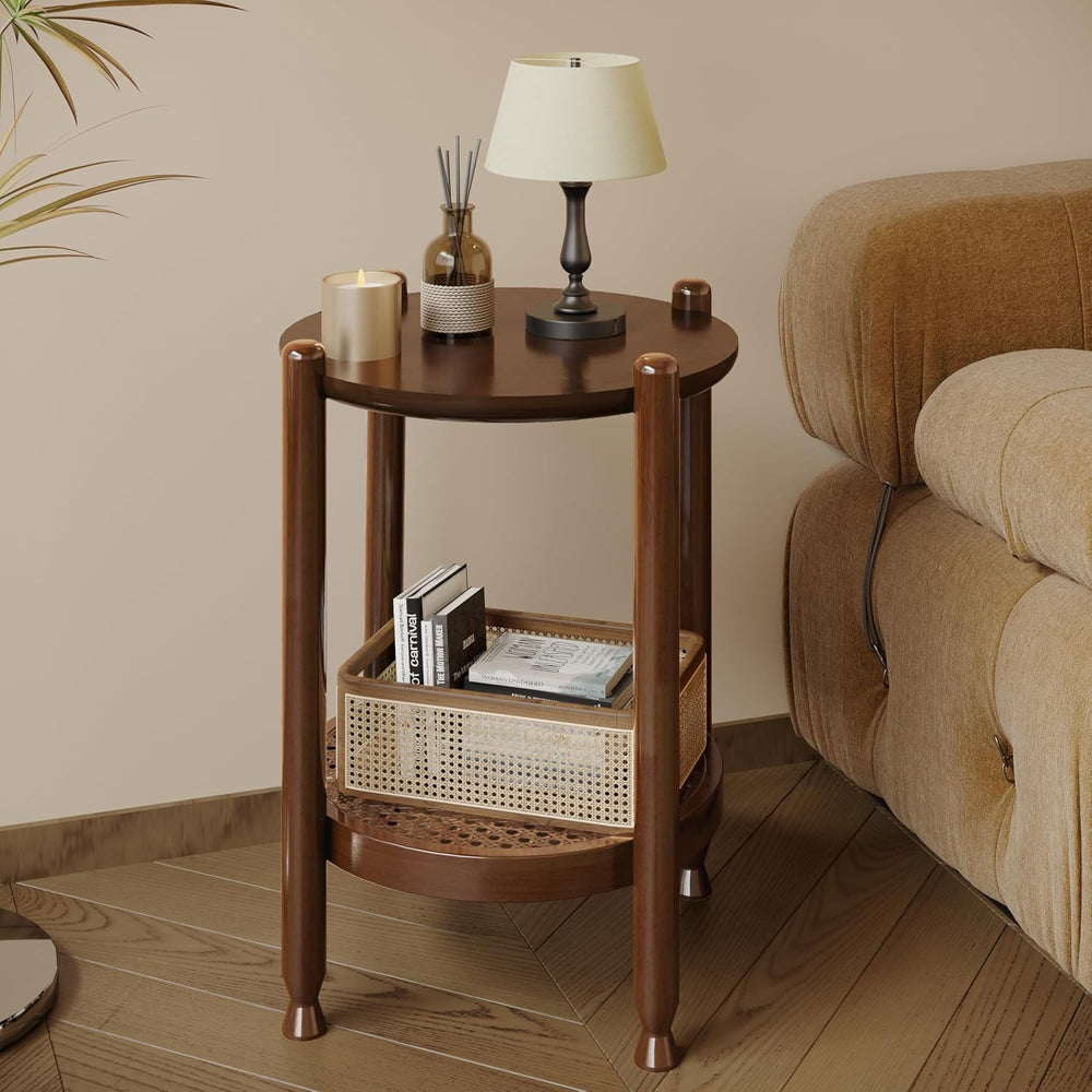 NSdirect Round End Table for Living Room, 2-Tier Rustic Wood Center Table for...