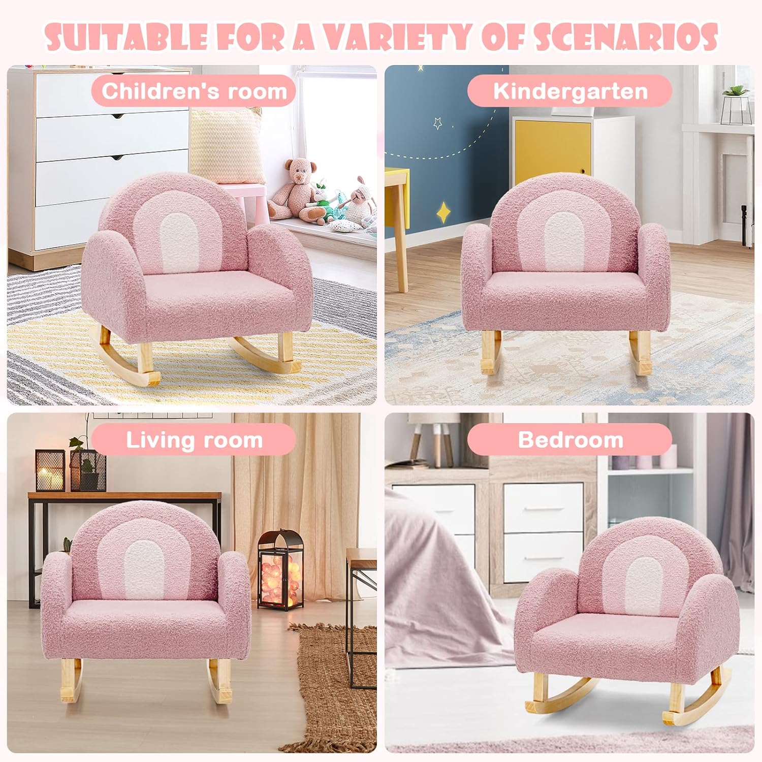 INFANS Kids Sofa, Toddler Rocking Chair with Solid Wooden Frame, Anti-Tipping Design, Plush Fabric, Children Armchair for Nursery Kindergarten Playroom Preschool, Gift for Boys Girls (Pink)