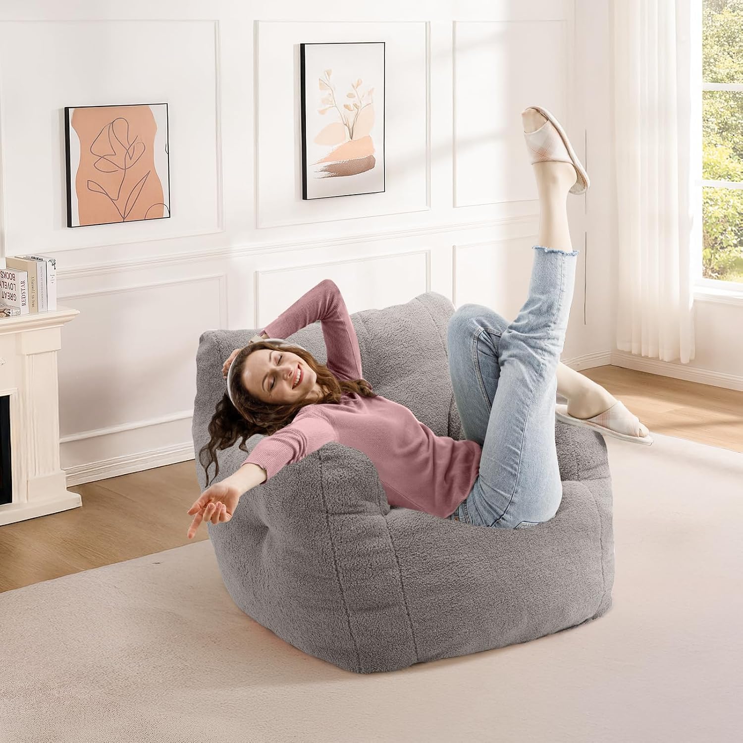 INMOZATA Bean Bag Chair for Adult, 3FT Pre-Filled Soft Teddy Fluffy Lazy Sofa Floor Chair Beanbag for Living Room Playroom Dorm Apartment (Mid-Gray)