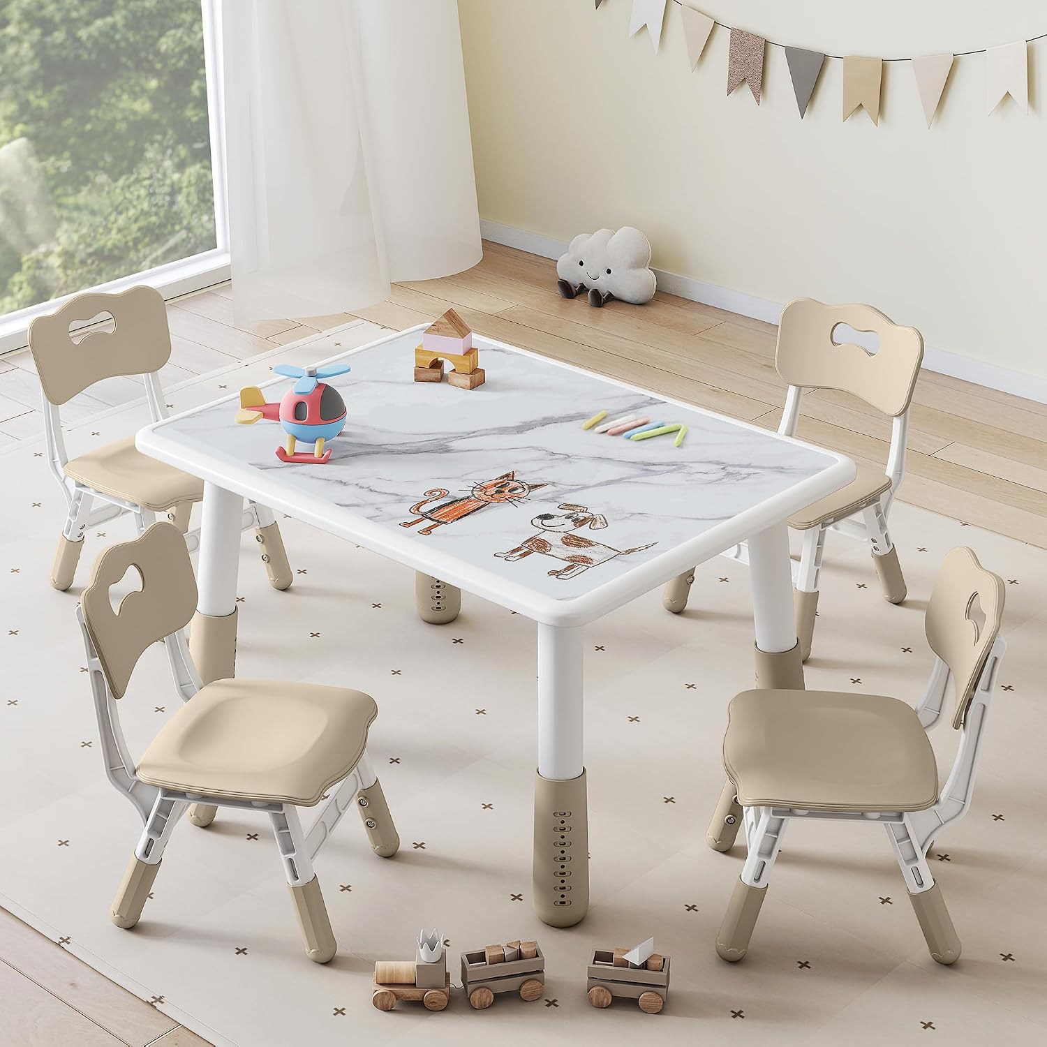 DOREROOM Toddler Table and 4 Chairs Set, Marble Top, No-Screw Legs, Natural | Graffiti Desktop, 31.5"L x 23.6"W, Frameless, Kids Ages 3-8, FSC-certified, Children Activity for Daycare, Classroom, Home