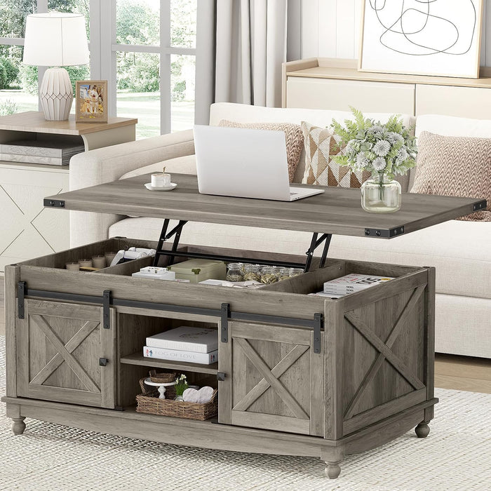 ALLSTAND 48" Farmhouse Lift Top Coffee Table with Storage Sliding Barn Door & Large Hidden Compartment, Coffee Table with Lifting Top with Wooden Lift Tabletop, Coffee Tables for Living Room, Grey