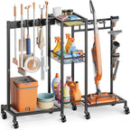 Broom Holder with Cleaning Supplies Organizer, Broom Closet Storage Cabinet with Cleaning Caddy Vacuum Stand, Cleaning Cart with Mop Hanger Gripper Rack Hook, Laundry Room Organization Home Essentials