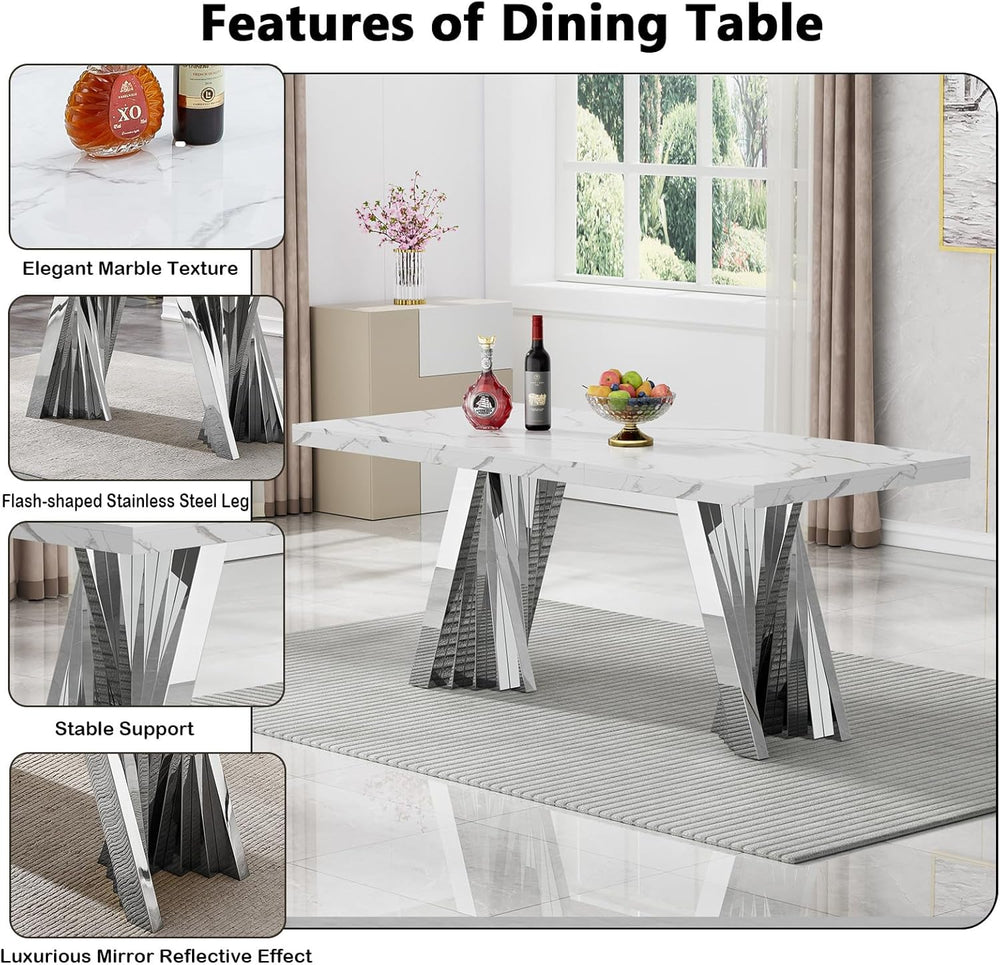 70" Faux Marble White Dining Table for 6, Modern Dining Room Table with ...
