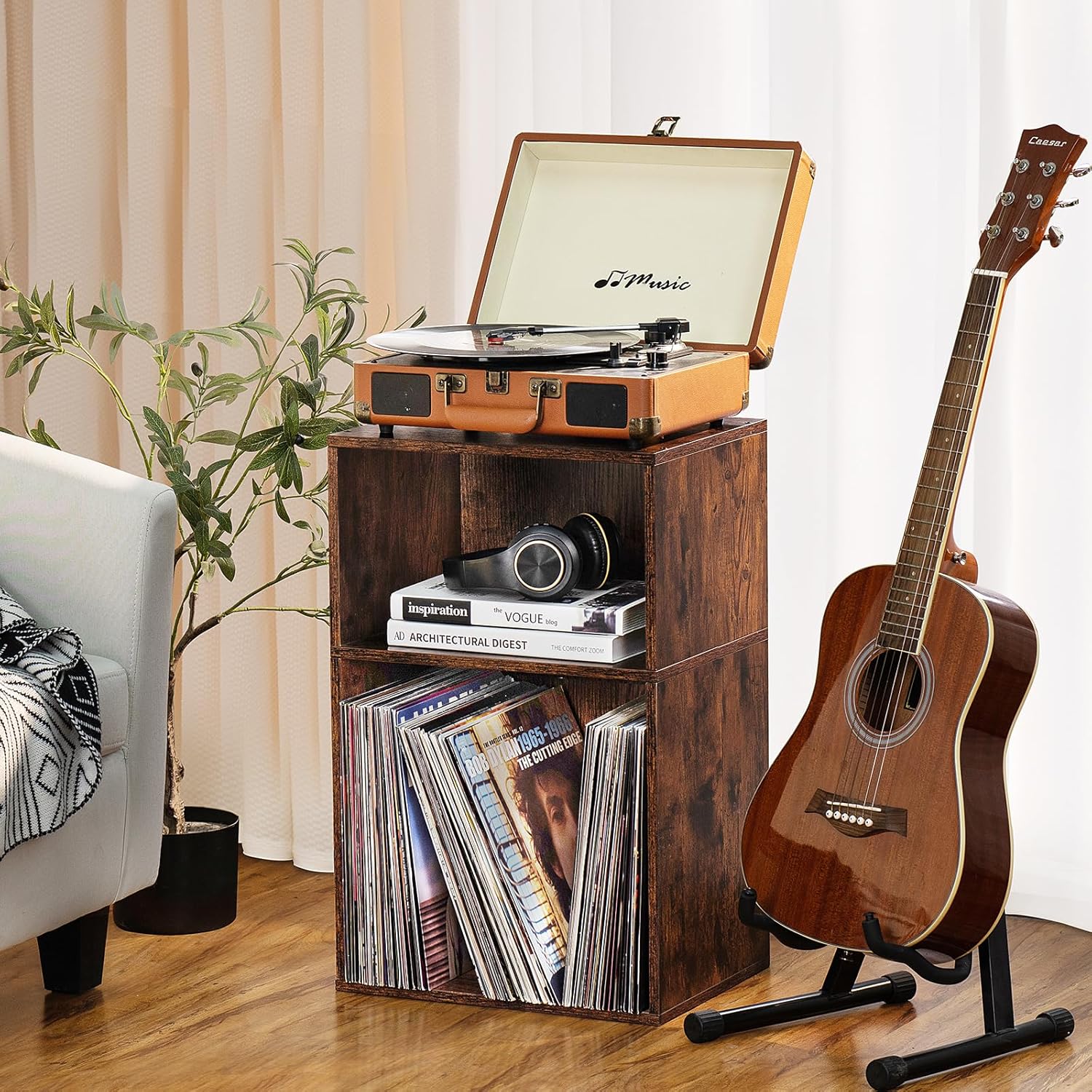 LEYAOYAO 2 Cube Bookshelf,Brown Record Player Stand Holds up to 100 Albums, Mini Wood Book Shelf Storage Organizer,Turntable Stand with Vinyl Storage Cabinet, Narrow Open Bookcase for Small Spaces