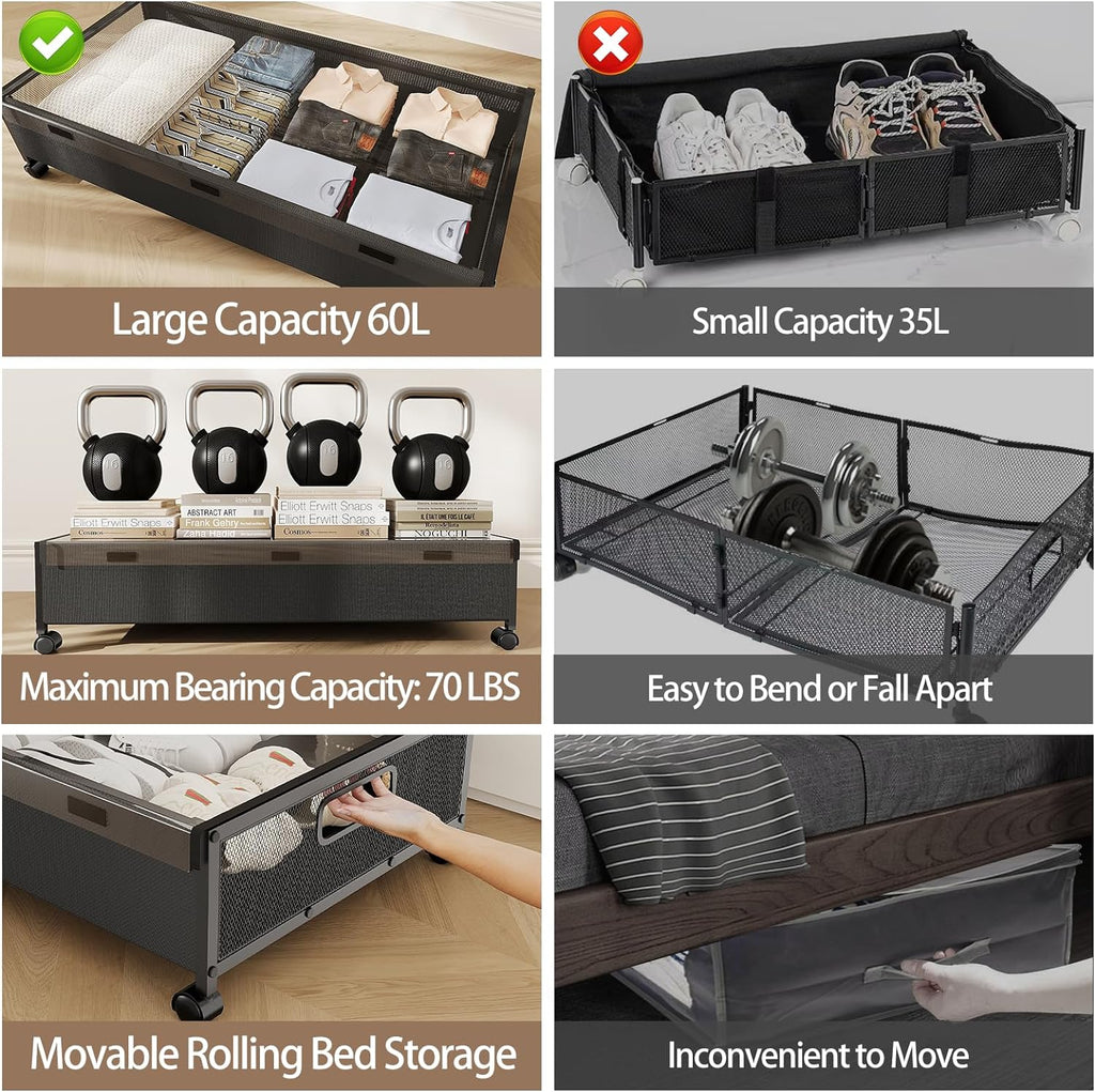 KITHELP Underbed Storage Containers with Wheels, Large Under Bed Drawers on Wheels with Removable Lids, Rolling Shoe Organizer Under Bed Storage Dresser Metal Drawers for Clothes Toys Blankets (2PACK)