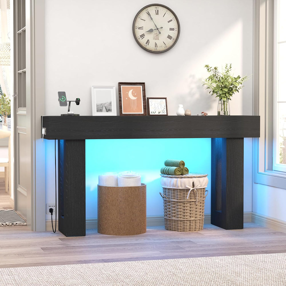 63" Extra-Long Modern Console Table with Charging Station, RGB LED Light...