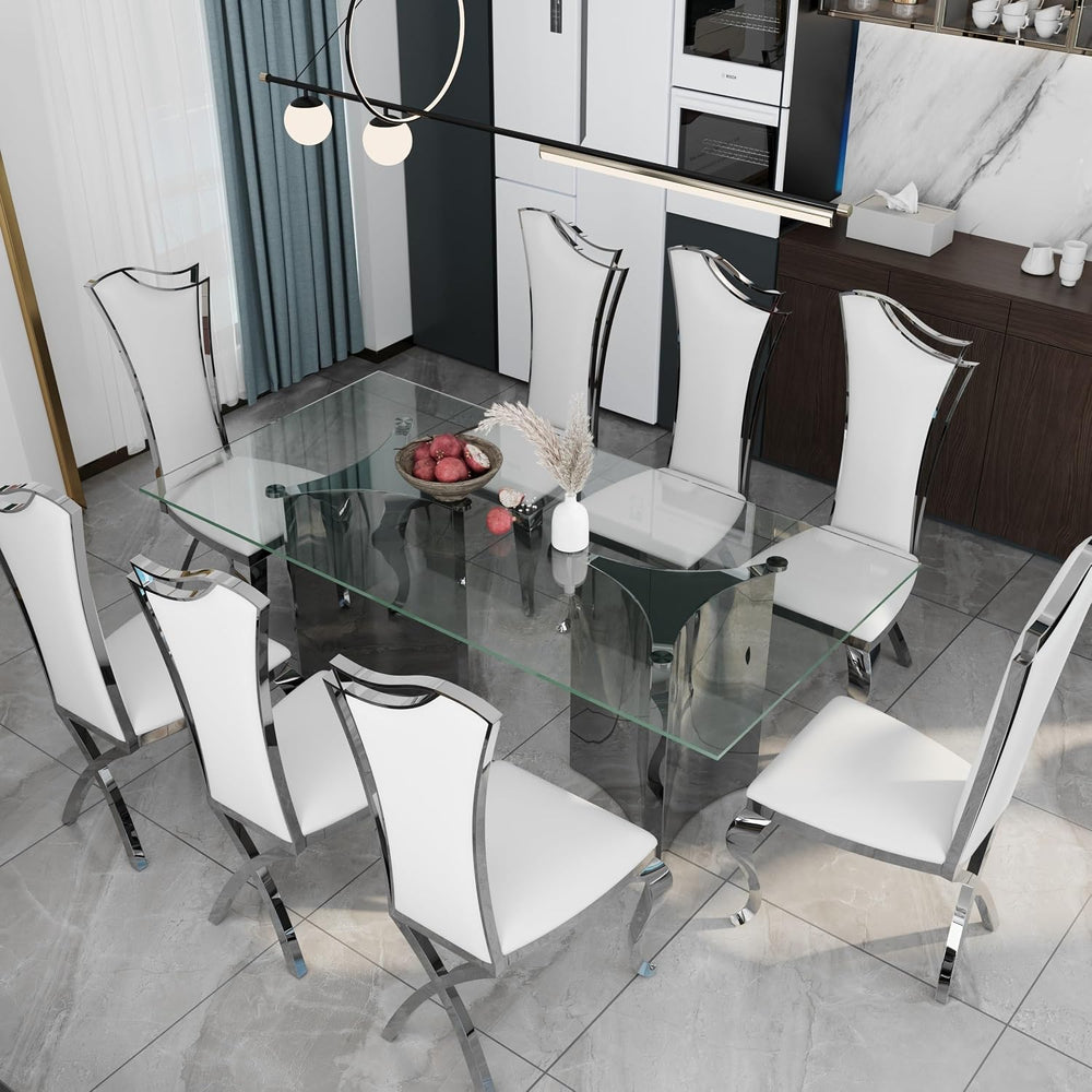 Asday Dining Chairs Set of 6, White Faux Leather and Silver Streamlined High ...