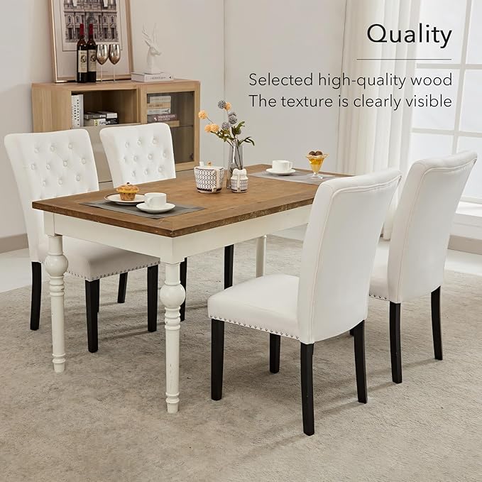 Velvet Dining Kitchen Chair Set of 6, Parsons Upholstered Dining Room Chair, Wood Accent Chair with Nailed Trim, Beige