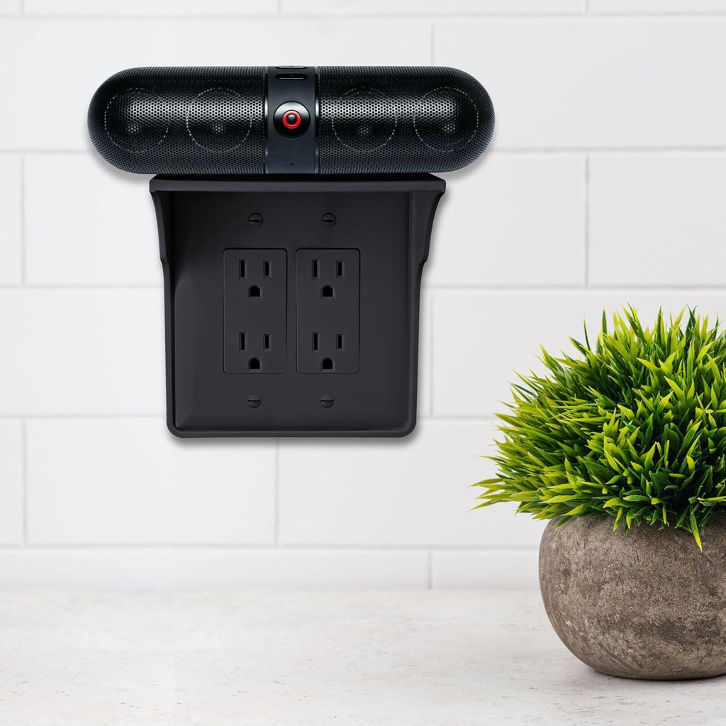 Storage Theory Power Perch Double Wall Outlet Shelf - Declutter & Reclaim Bathroom Counter Space - Alexa Stand, Apple Homepod Shelf, Toothbrush Holders Wall Mounted - Black, 1-Pack