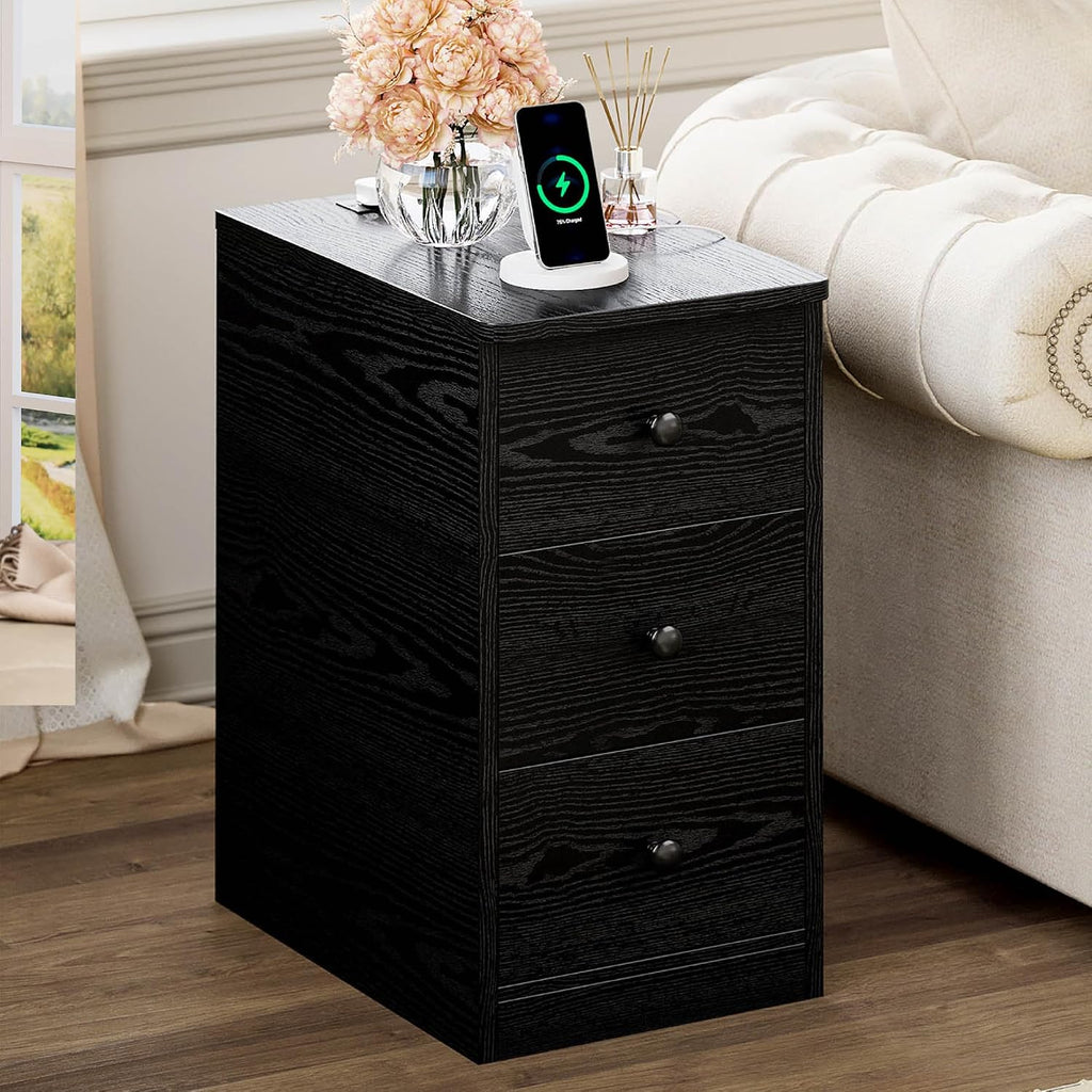 LIKIMIO Nightstand with Charging Station, 3 Drawers Modern for Bedroom