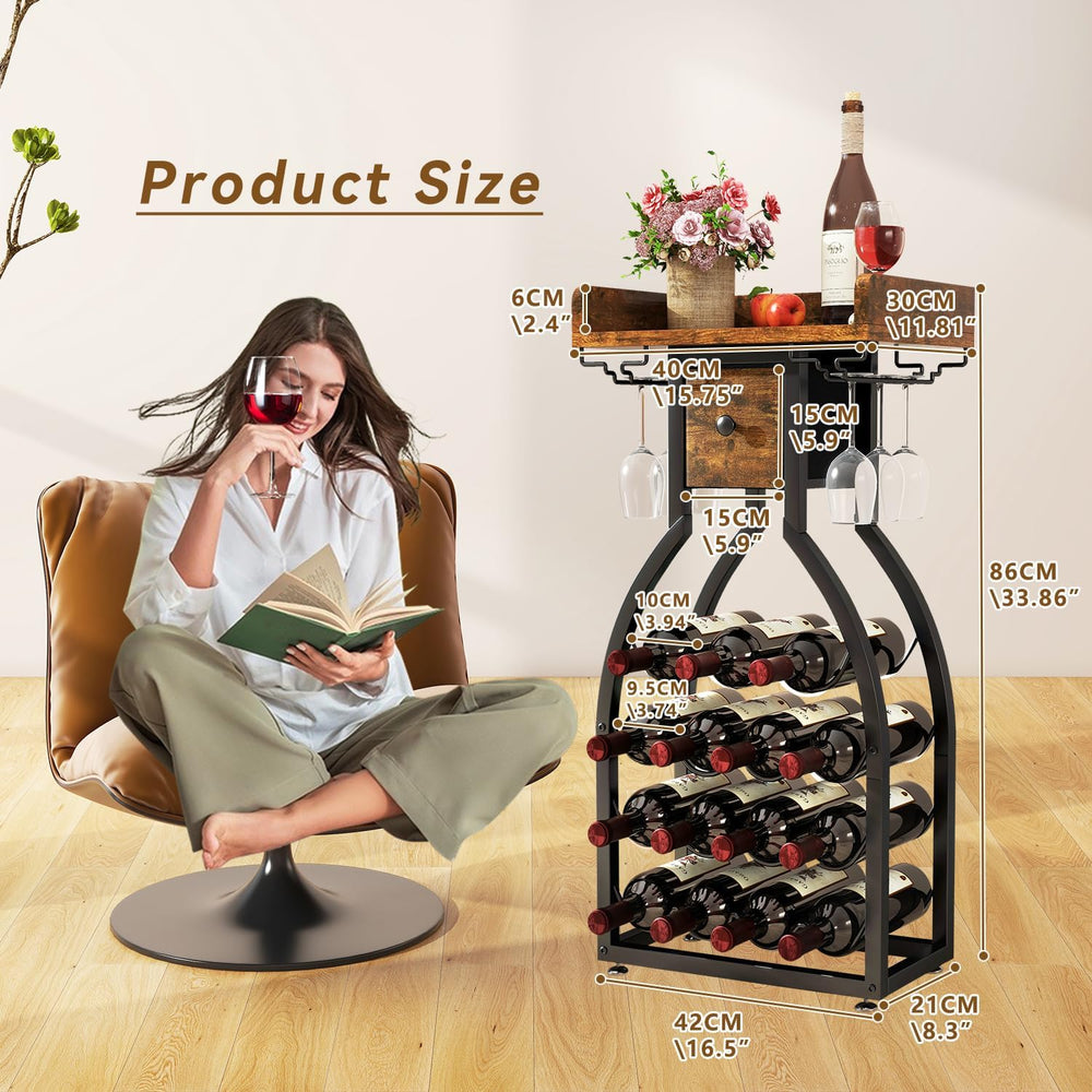 IBUYKE Wine Rack Freestanding Floor,15 Bottles,Glass Holder,Brown TMJ908H | M...