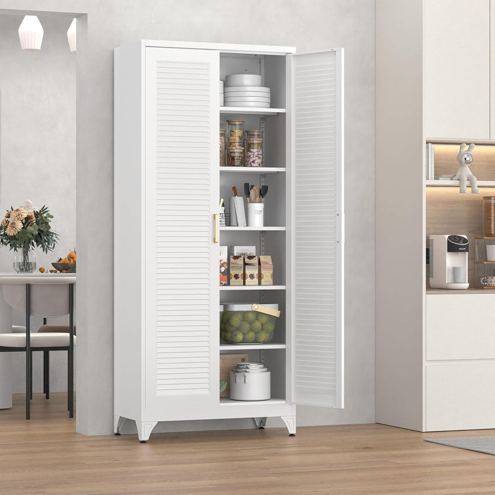 Kitchen Pantry Cabinet, 75" Tall White Metal Storage Cabinet with Doors ...
