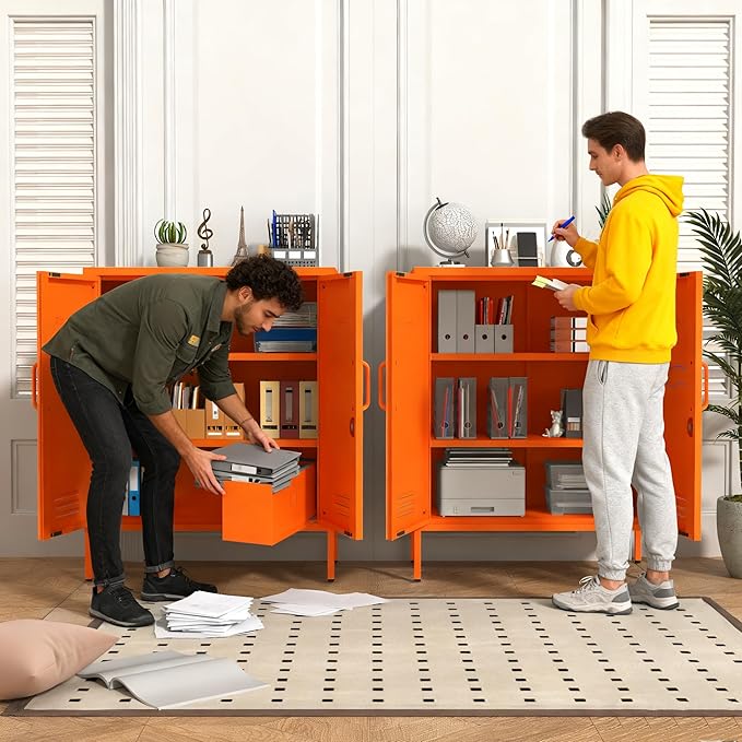 Wide Multipurpose Metal Storage Cabinet with Lockable Design & 2 Adjustable Partitions, Thickened Steel & Sturdy Construction for Home, Living Room & Office Orange 33" H X 29.5" W X 13.8" D