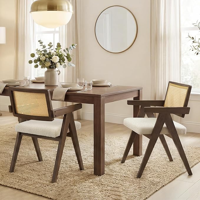 CHITA Rattan Dining Chairs Set of 2, Modern Dining Chair with 2.8inch Cushion, Rubberwood Frame Accent Chairs for Dining Room/Kitchen/Living Room, Walnut