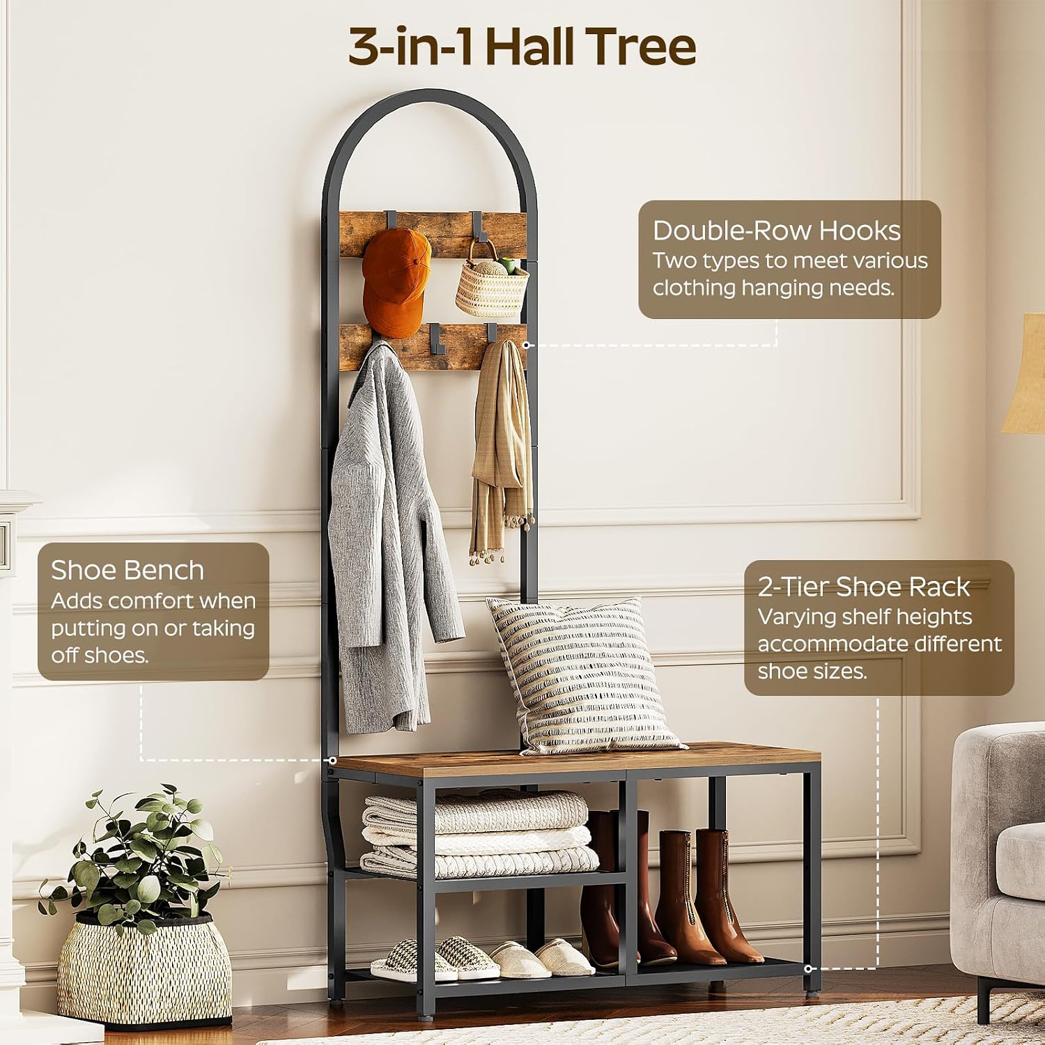YATINEY Hall Tree, Coat Rack with Shoe Storage, Entryway Bench with Coat Rack and Shoe Shelf, All-in-One Entryway Storage Organizer, for Foyer, Hallway, Cloakroom, Rustic Brown and Black MT04BRY1