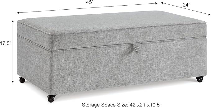 Ball & Cast 45" Sofa Ottoman with Storage, Linen Upholstered Bench with Rotation Casters and Safety Hinge for Living Room, Multi-Function Coffee Table,Gray