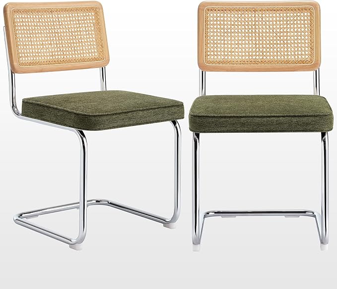 Zesthouse Natural Rattan Dining Chairs Set of 2, Mid Century Modern Dining Chairs with Solid Wood Back & Chrome Base, for Kitchen Living Room, Breuer Design Inspired, Upholstered Linen Fabric, Green