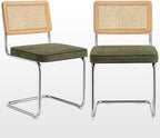 Zesthouse Natural Rattan Dining Chairs Set of 2, Mid Century Modern Dining Chairs with Solid Wood Back & Chrome Base, for Kitchen Living Room, Breuer Design Inspired, Upholstered Linen Fabric, Green