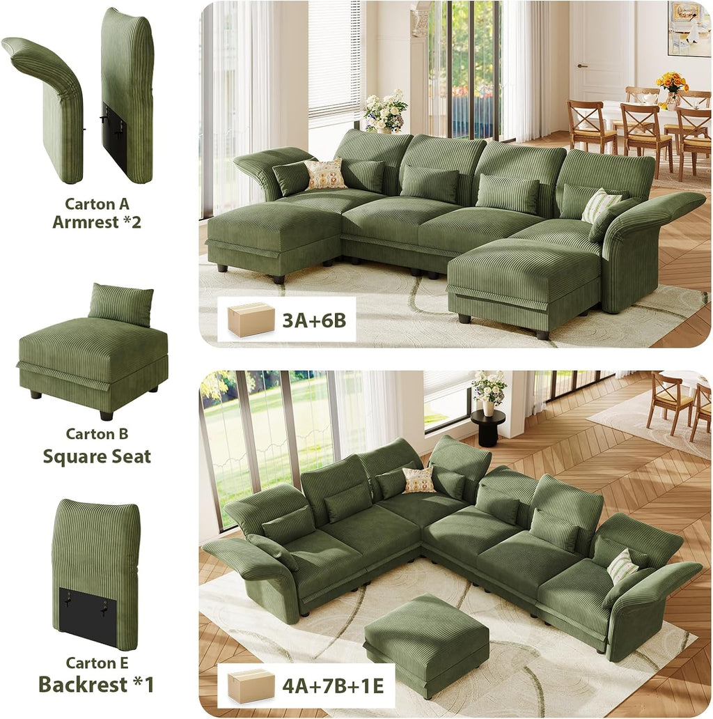 LLappuil U Shaped Sectional Sofa with Storage, 6 Seat Green Corduroy | Adjustable Backrests & Arms, Extra Deep Seat Cushions, OEKO-TEX Certified Fabric, Solid Wood Frame + 35D Foam