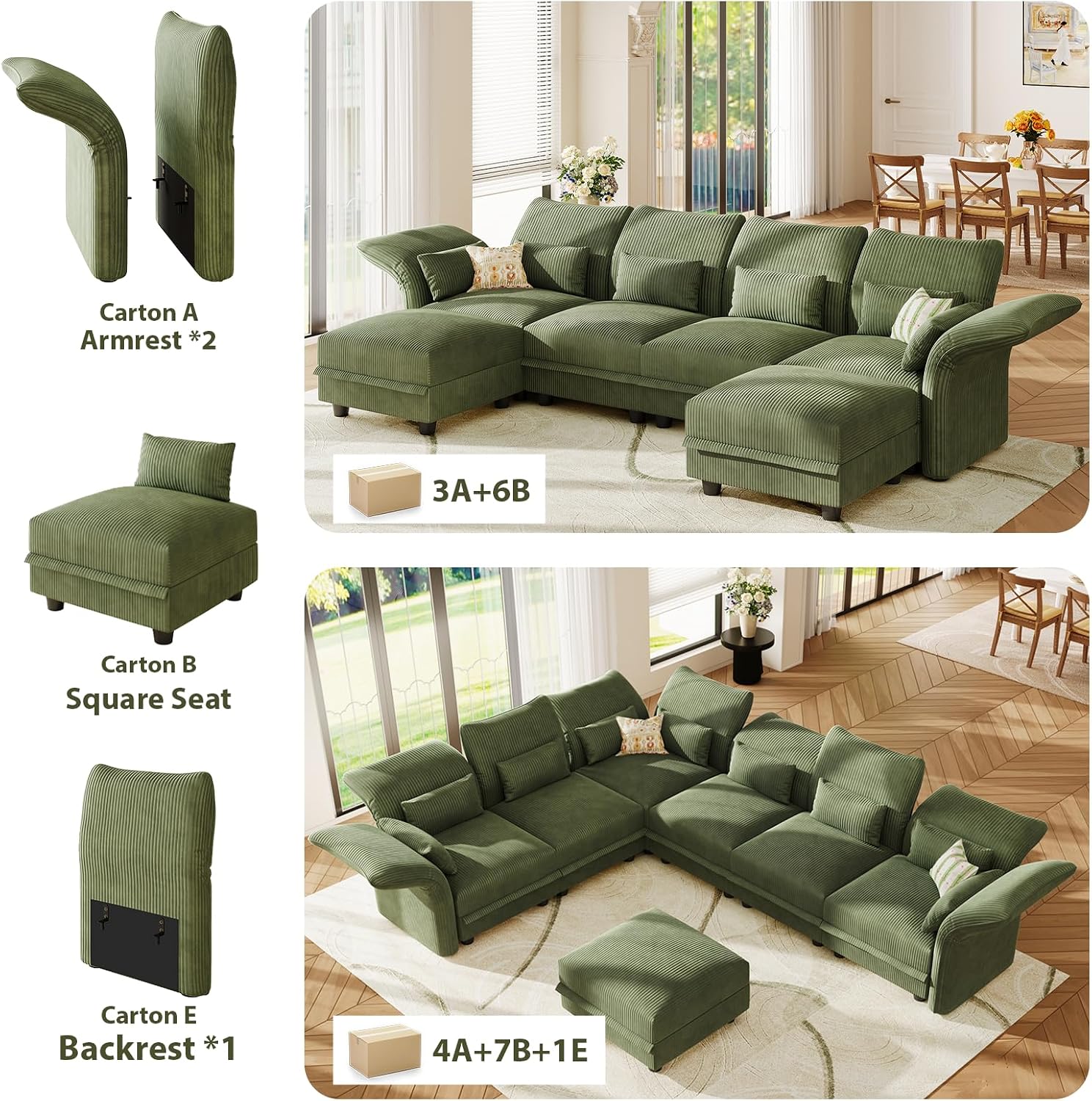 LLappuil U Shaped Sectional Sofa with Storage, 6 Seat Green Corduroy | Adjustable Backrests & Arms, Extra Deep Seat Cushions, OEKO-TEX Certified Fabric, Solid Wood Frame + 35D Foam