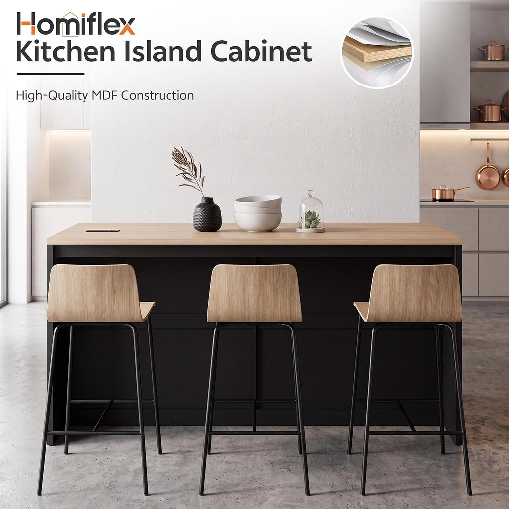 Large Kitchen Island, 63" L Kitchen Island Table with Power Outlet | Wooden Island Bar Table with 4 Arch Doors Kitchen Island with Storage Cabinet & Seating Room for Dining Room, Home Bar, Black