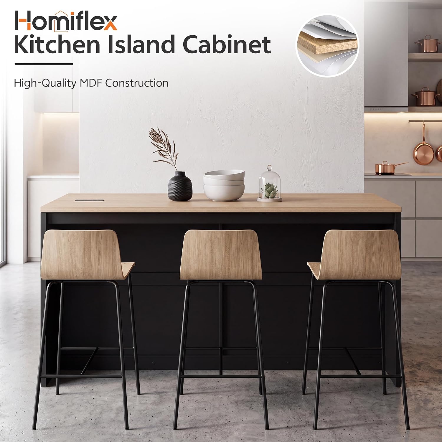 Large Kitchen Island, 63" L Kitchen Island Table with Power Outlet | Wooden Island Bar Table with 4 Arch Doors Kitchen Island with Storage Cabinet & Seating Room for Dining Room, Home Bar, Black