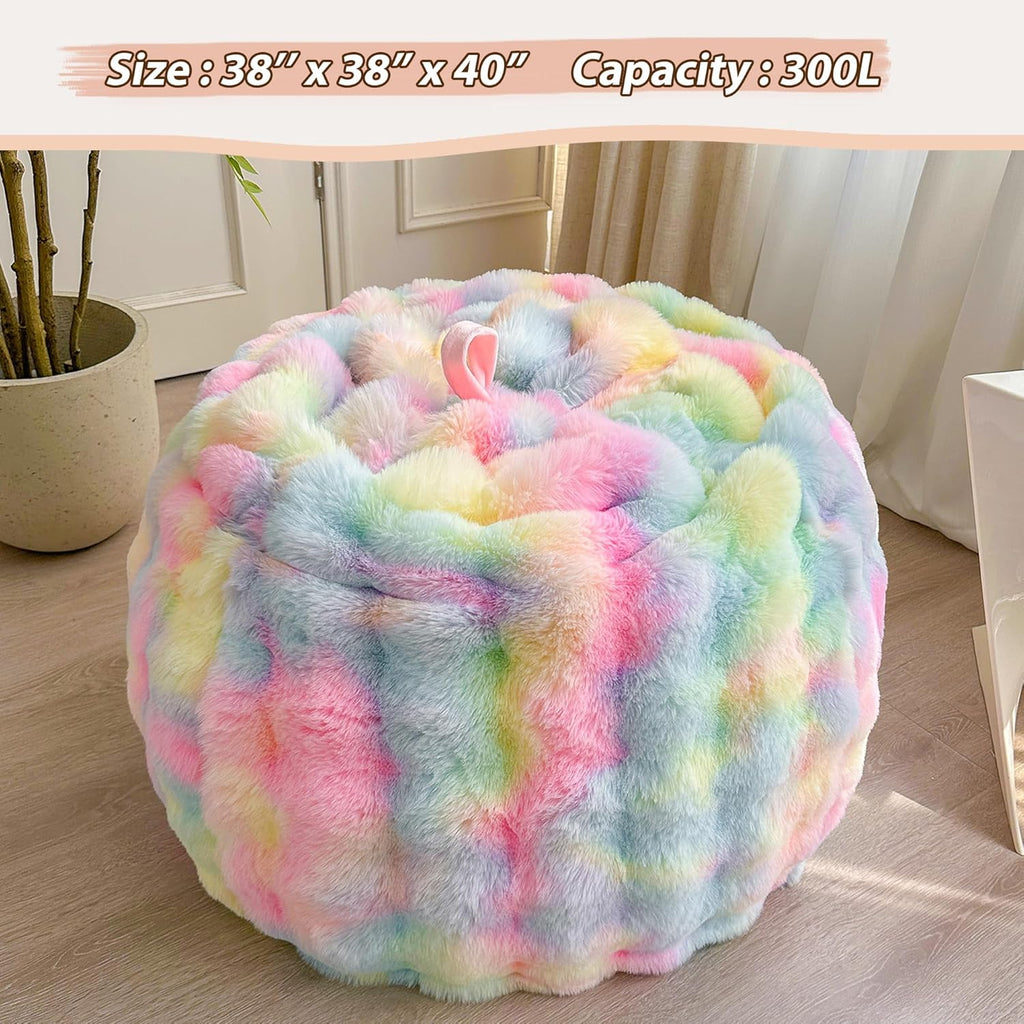 LIFEREVO Fluffy Faux Rabbit Fur Bean Bag Cover (No Filler), Soft Fuzzy Stuffed Animal Storage Bubble Waffle Bean Bag Chair for Plush Toys, Comfy Shaggy Furry Beanbag Cover Kids Girls Adults, Rainbow