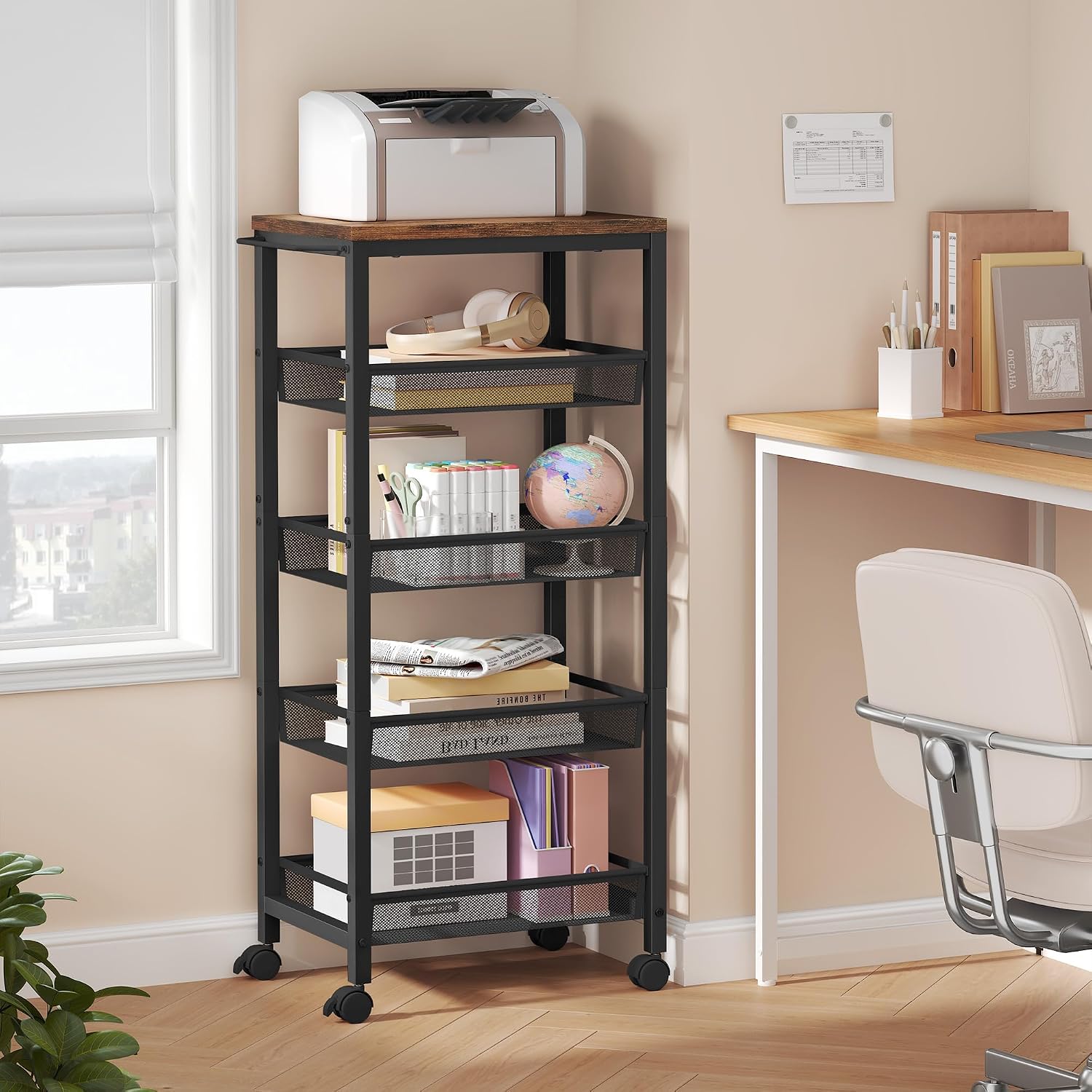 Hoctieon Rolling Storage Cart, 5-Tier 11.8" Wide Panel Kitchen Storage Cart, Utility Carts with Handle & Wheels, Mobile Shelving Unit, Metal Frame Narrow Carts for Home Kitchen, Laundry, Rustic Brown