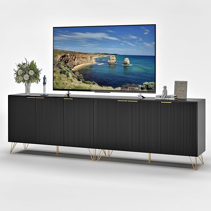 TV Stand for 90 inch TV Modern Entertainment Center Cabinet with 6 Doors Wood Media Console Storage Cabinets for Living Room Bedroom, Black