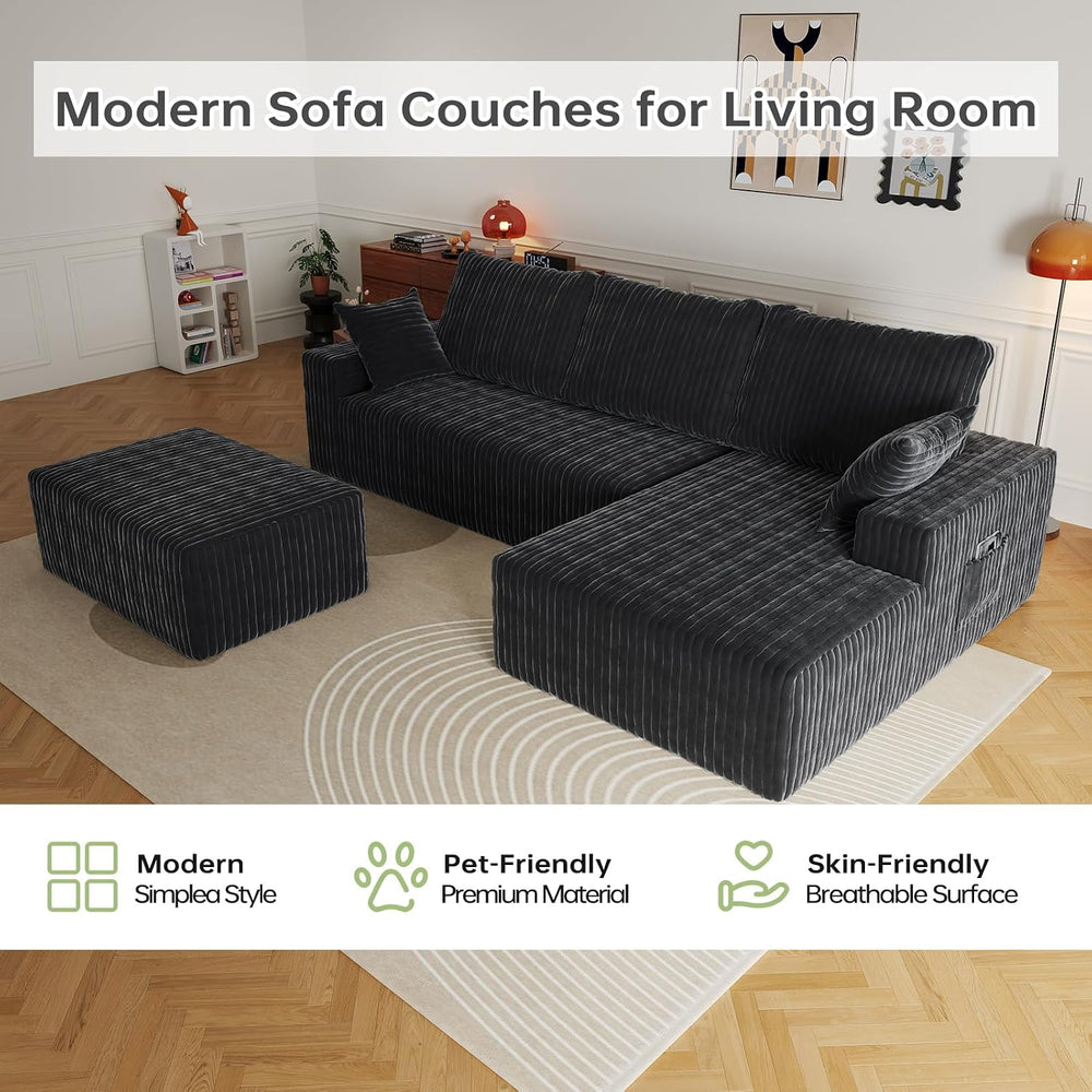 108" U-Shape Modular Sectional Cloud Couch with Ottoman, Deep Seat Couch...