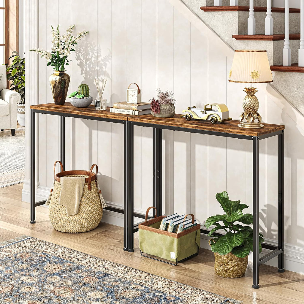 Simple Trending Narrow Side Table, 29.8" Console Table, Rustic Brown | Slim Entryway Table, Metal Frame, Adjustable Feet Pads, Industrial Style Behind Couch Table, for Entryway, Living Room