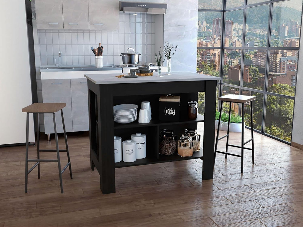Kitchen Island with Three Storage Shelves and Marble Finish | Three open stor...