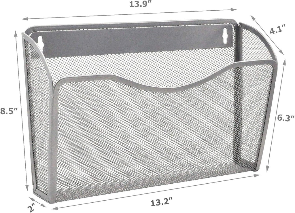 EASEPRES 3 Single Pocket Mesh Hanging File Organizer, Vertical Wall Mounted Magazine File Holder, Mount Basket Mail Paper Document Folder Organizing for Office, Home and School, Silver