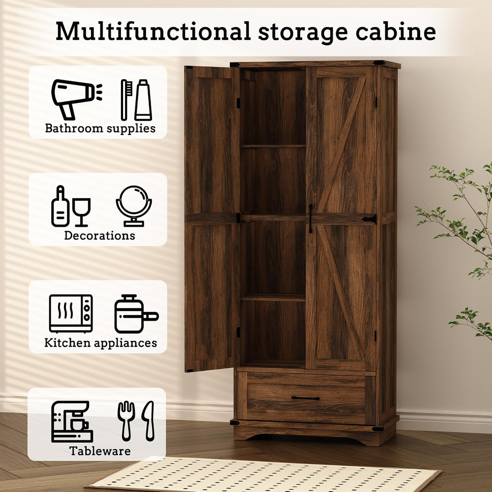 71" Farmhouse Kitchen Pantry Storage Cabinet with Drawer & 2 Barn Do...