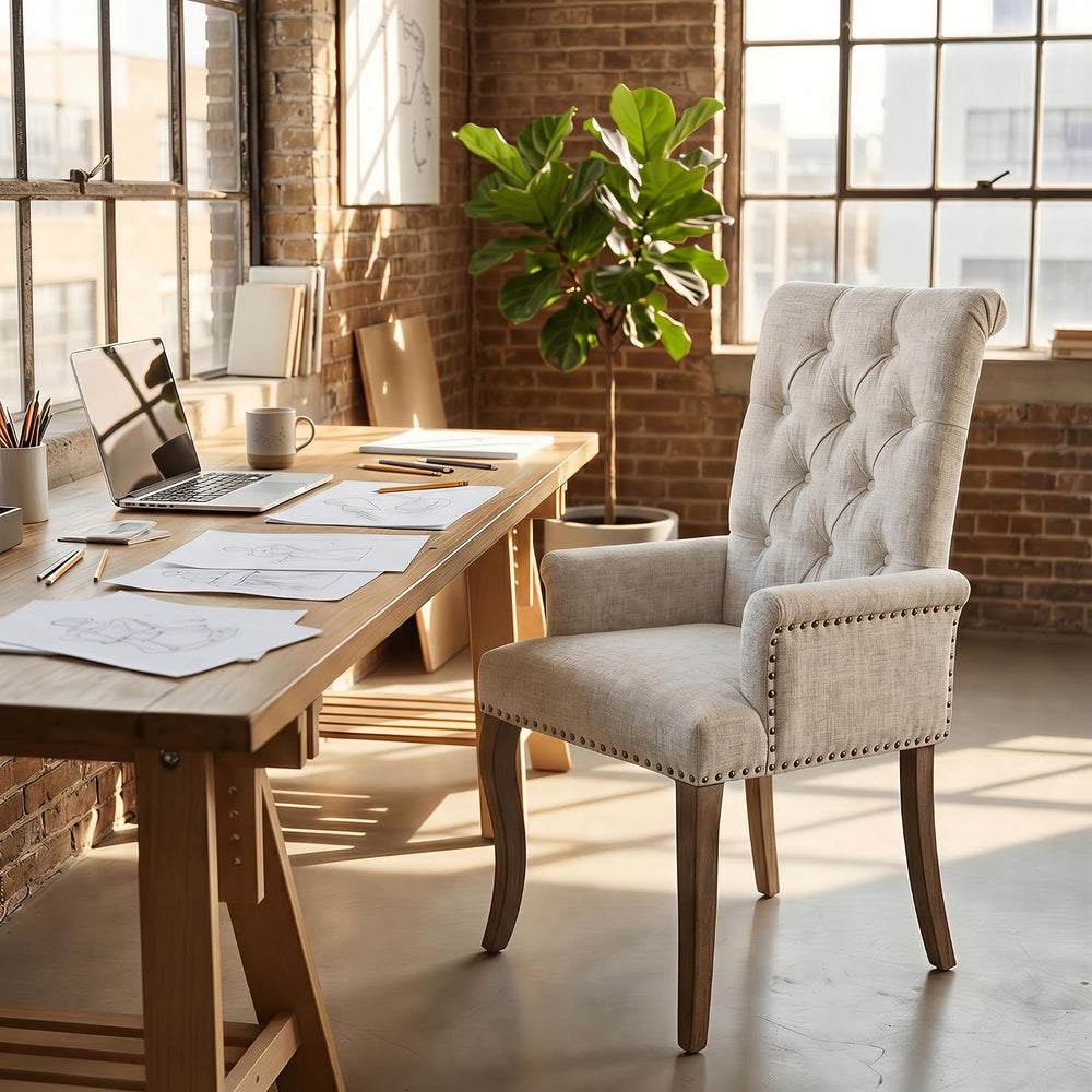 Upholstered Dining Chairs with Arms Set of 2, Greyish Beige, 2 Pack | Tufted ...