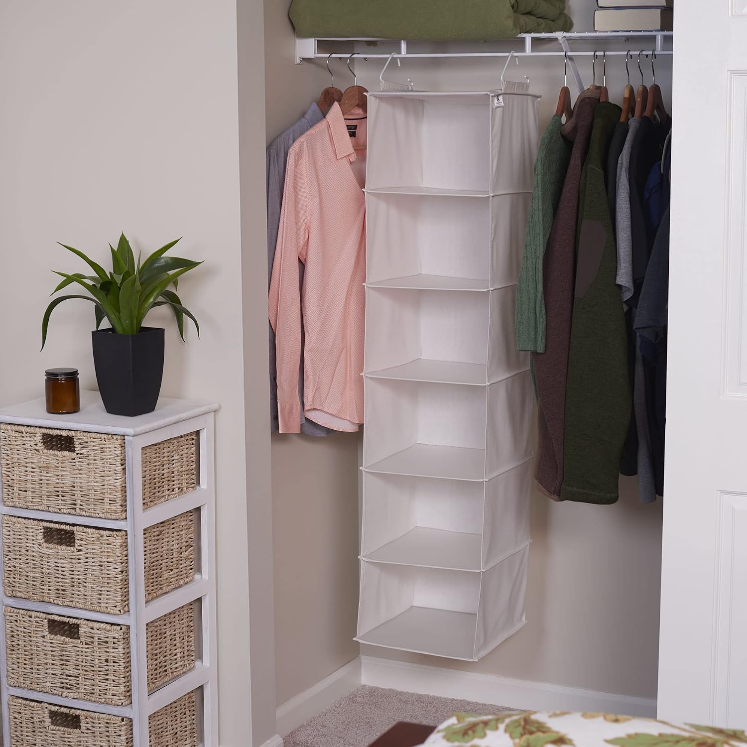 Household Essentials 6‑Shelf Hanging Closet Organizer in Soft Blended Canvas with Durable Plastic Shelving and Dual Wire Hooks, Cream