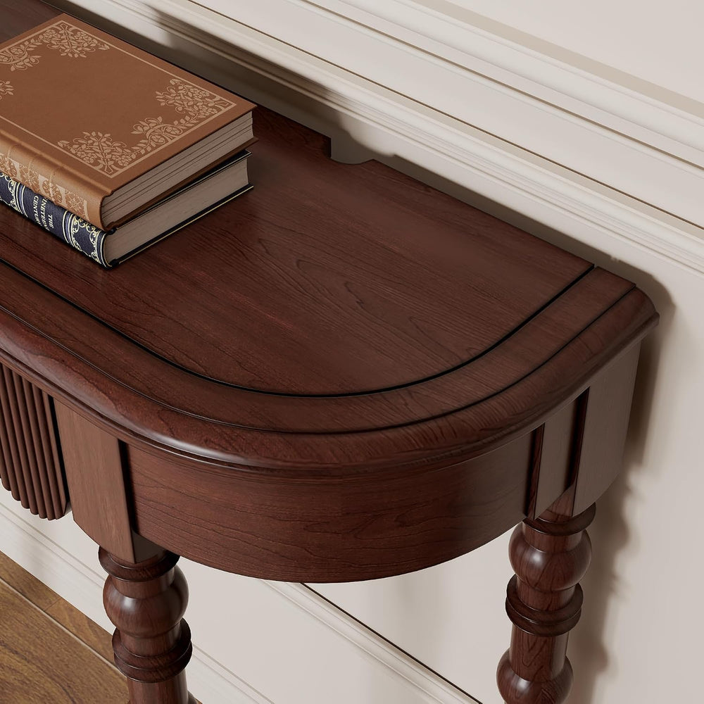 Solid Wood Console Table with Drawer – Dark Walnut Entryway Table with Scallo...
